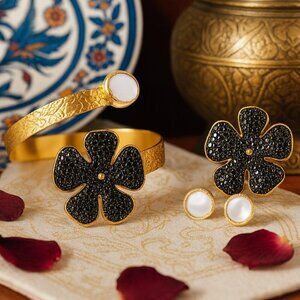 Turkish‎ Artisanal Black Flower Set 18K Gold Plated Brass Statement Jewelry